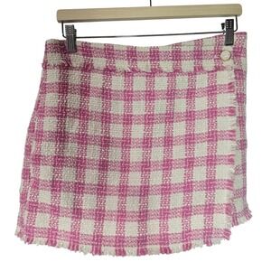 House of Harlow 1960 Pink Gingham Tweed Skort Size M Wrap Front Preppy Bouclé